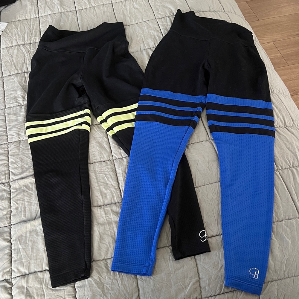 Bombshell Sportswear Black Leggings with Blue and Neon Green Stripes